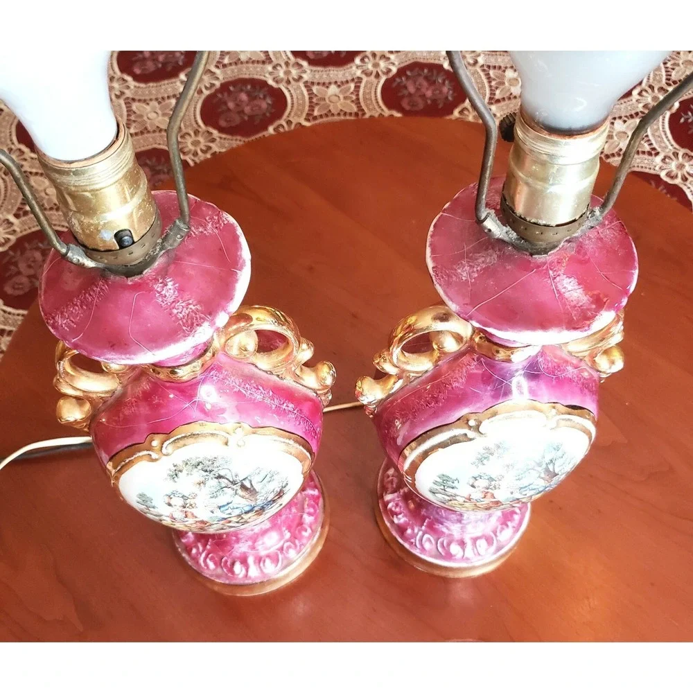 Pair of Vintage Pink Porcelain Victorian Courtship Scene Table Lamps - Gold trim